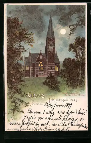 Lithographie Berlin-Tiergarten, Kaiser Friedrich-Gedächtnis-Kirche bei Mondschein