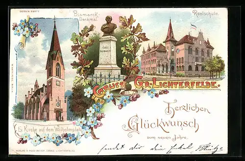 Lithographie Gr. Lichterfelde, Bismarck-Denkmal, Realschule, Ev. Kirche auf dem Wilhelmplatz