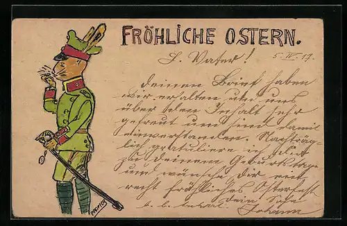 Künstler-AK Handgemalt: Osterhase in Uniform, Fröhliche Ostern