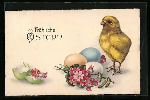 AK Osterküken mit Ostereiern, Fröhliche Ostern