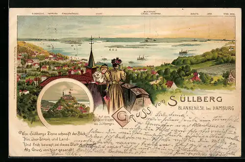 Lithographie Blankenese bei Hamburg, Blick vom Aussichtsthurm des Süllberges