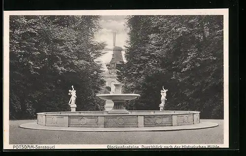 AK Potsdam, Sanssouci, Glockenfontaine mit Durchblick nach der historischen Windmühle