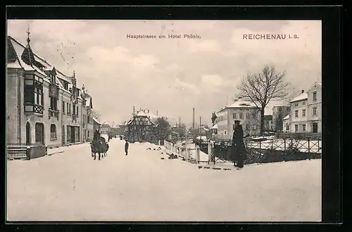 AK Reichenau /Sa., Hauptstrasse am Hotel Phönix im Winter