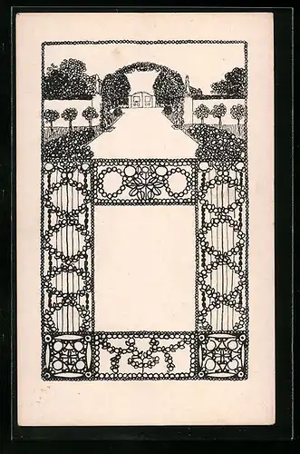 Künstler-AK Wiener Werkstätte Nr. 12: Eingang zu einem herrschaftlichen Garten, florale Ornamentik