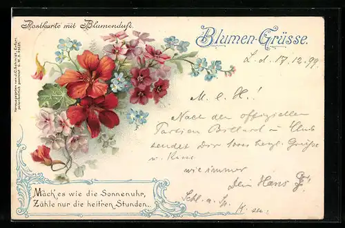 Duft-AK Blumen-Grüsse, Mach` es wie die Sonnenuhr..., mit Blumenduft