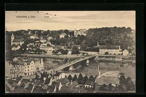 AK Grossen a. Oder, Ortsansicht mit Fluss und Brücke