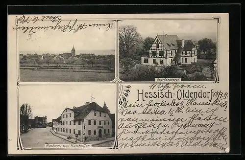 AK Hessisch-Oldendorf, Rathaus und Gasthaus Ratskeller, Oberförsterei, Ortspartie