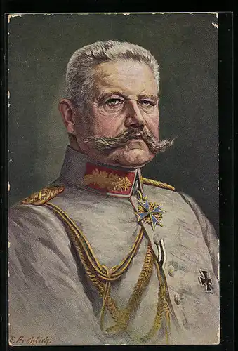 Künstler-AK Generalfeldmarschall Paul von Hindenburg in Feldgrau mit Eisernem Kreuz