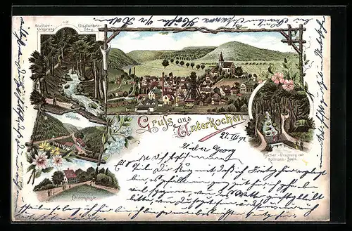 Lithographie Unterkochen, Glashütte, Läuterhäusle, Kocher-Ursprung mit Elisabethen-Steg