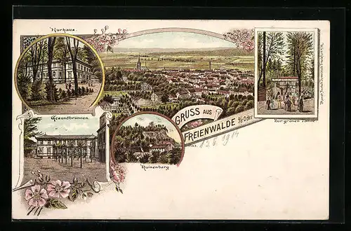 Lithographie Freienwalde /Oder, Ortsansicht, Kurhaus, Gasthaus zur grünen Tanne