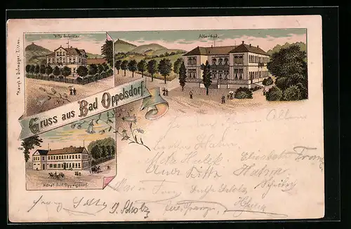 Lithographie Bad Oppelsdorf, Hotel Bad Oppelsdorf, Villa Schröter, Albertbad