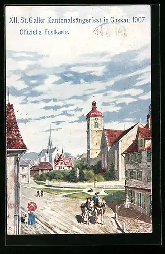 Künstler-AK Gossau, XII. St. Galler Kantonalsängerfest 1907, Ortsansicht