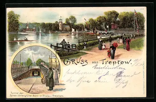 Lithographie Berlin-Treptow, Dampferstation und Gasthaus, Tunnel der U-Bahn in Stralau