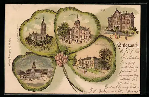 Passepartout-Lithographie Königsee i. Th., Bahnhofs-Hotel, Schiesshaus und Kirche im Kleeblatt