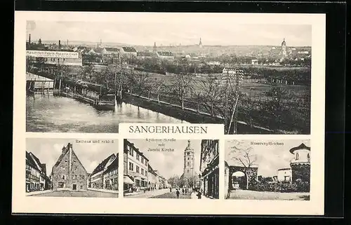 AK Sangerhausen, Ortsansicht aus der Vogelschau, Husarenpförtchen, Kylische Strasse mit Jacobi Kirche