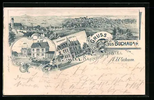 Lithographie Buchau a. F., Bahnhof-Hotel, Bahnhof, Panorama