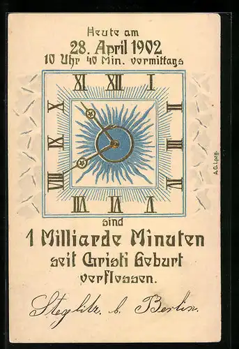 Präge-AK Am 28.04.1902 sind 1 Milliarde Minuten seit Christi Geburt verflossen