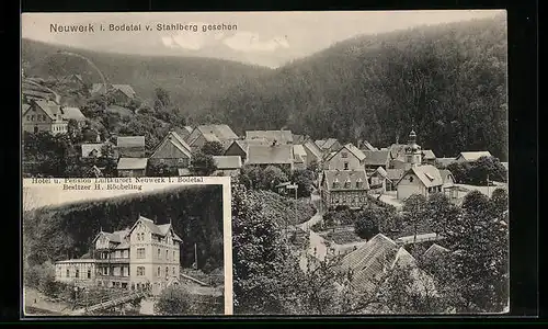 AK Neuwerk /Bodetal, Ortsansicht vom Stahlberg aus, Hotel-Pension H. Röbbeling