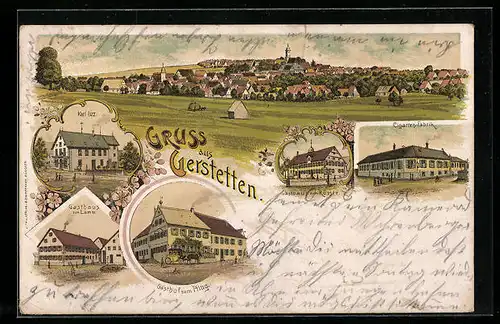 Lithographie Gerstetten, Gasthaus zum Lamm, Gasthof zum Pflug, Cigarren-Fabrik