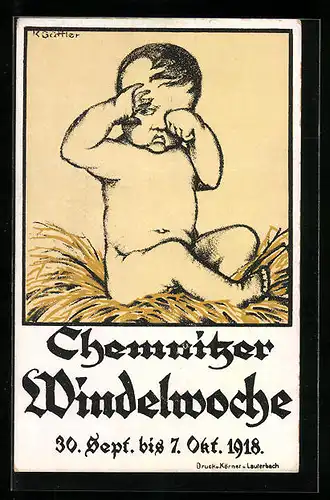 Künstler-AK Chemnitz, Chemnitzer Windelwoche 1918, nacktes Baby sitzt im Stroh