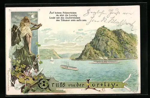 Lithographie Loreley, Die Loreley auf dem Felsenrücken, Rheinschiffe