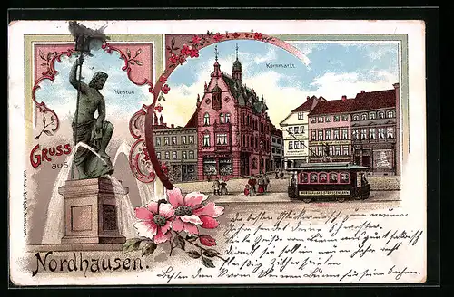 Lithographie Nordhausen, Kornmarkt mit Geschäften und Strassenbahn, Neptun