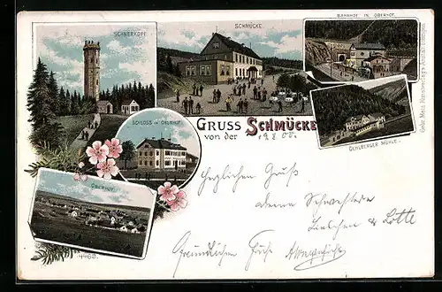 Lithographie Oberhof, Gasthaus Schmücke, Bahnhof, Gehlberger Mühle