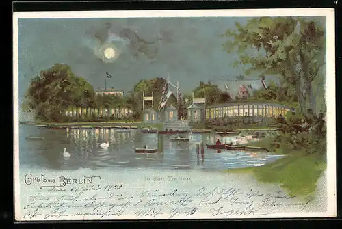 Lithographie Berlin-Tiergarten, In den Zelten mit Booten bei Mondschein