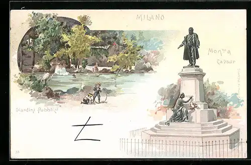 Lithographie Milano, Giardini Pubblici, Monumento a Cavour