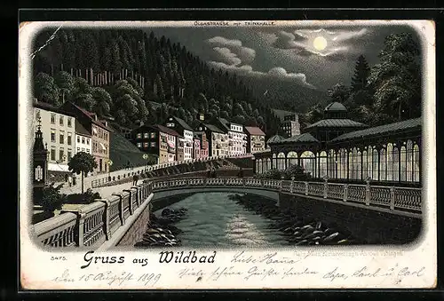 Mondschein-Lithographie Wildbad, Blick in die Olgastrasse mit der Trinkhalle