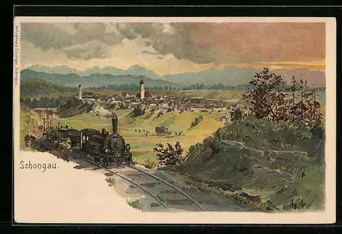 Lithographie Schongau, Eisenbahn mit Blick zum Ort