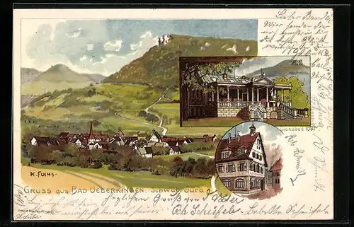 Lithographie Bad Überkingen /Schwäb. Jura, Dianabad, Ortspartie, Teilansicht