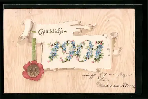 AK Jahreszahl 1901 mit Blüten und Kleeblatt-Siegel