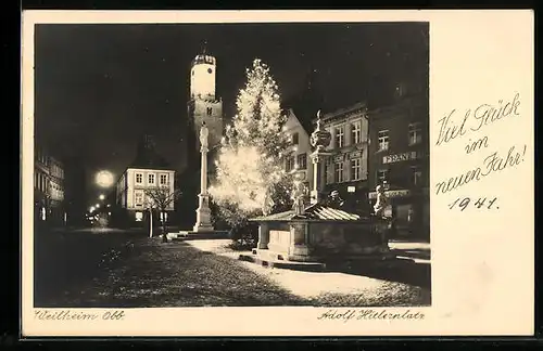 AK Weilheim / Obb., Blicka uf den platz bei Nacht