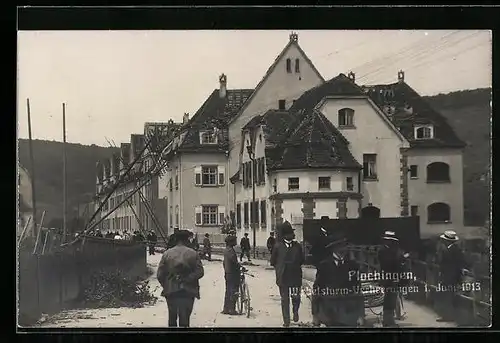 Foto-AK Plochingen, Wirbelsturm-Verheerungen 1913, Strassenpartie