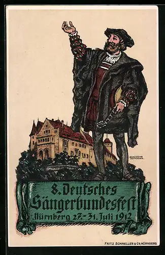 Künstler-AK Nürnberg, 8. Deutsches Sängerbundes-Fest 1912, Sänger mit Laute und Schloss