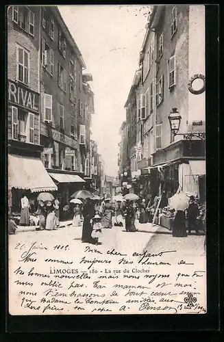 AK Limoges, La rue du Clocher, Strassenpartie