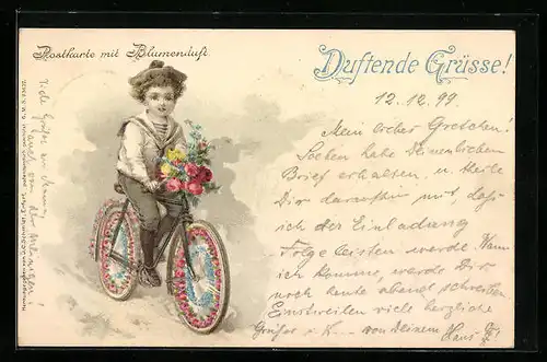 Duft-AK Knabe mit Blumenstrauss auf dem Fahrrad, Blumenduft