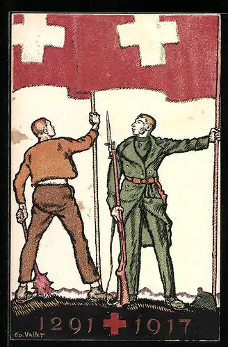 Künstler-AK Schweizer Bundesfeier 1917, Soldat und Arbeiter mit Flaggen, Ganzsache