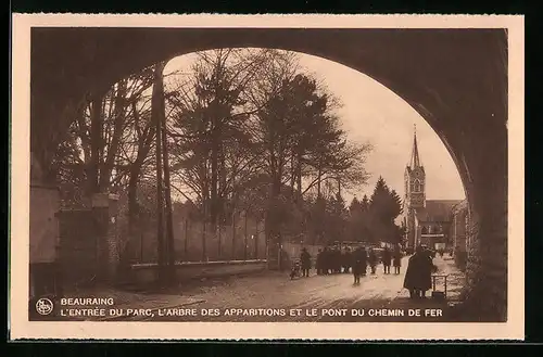 AK Beauraing, L`Entrèe du Parc, L`Arbre des Apparitions et le Pont du Chemin de Fer