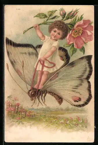 Lithographie Kleinkind beim Ritt auf einem Schmetterling