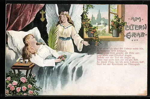 AK Engel am Bett einer jungen Frau, Elterngrab vor dem Fenster