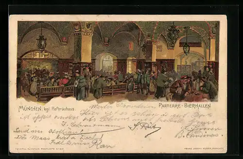 Lithographie München, Münchner Hofbräuhaus, Parterre-Bierhalle, Innenansicht