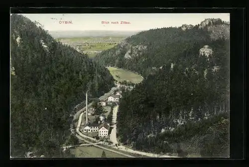 AK Oybin, Talblick gen Zittau mit der Ortschaft im Vordergrund