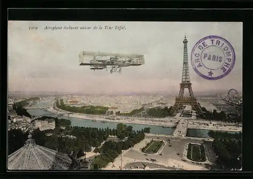 AK Paris, Stadtpanorama mit Eiffelturm und Flugzeug