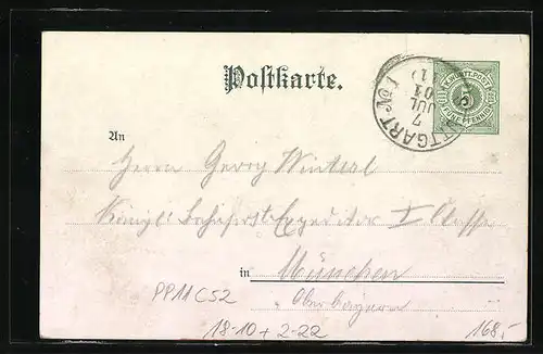 Künstler-AK Ganzsache Württemberg PP11C52: Stuttgart, 2. Verbandstag der württemb. Post- und Telegraphenbedienst. 1901