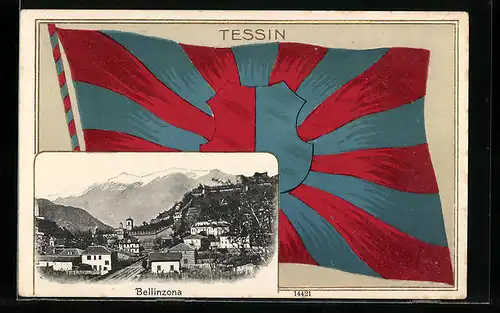 AK Bellinzona, Panorama und Flagge Tessin