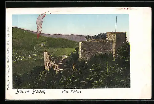 Goldfenster-AK Baden Baden, Schlossruine mit leuchtenden Fenstern