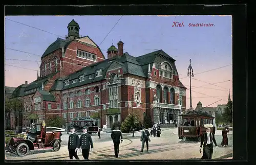 AK Kiel, Stadttheater mit Strassenbahn