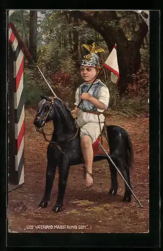 AK Kleiner Soldat mit Fahnen auf einem Spielzeugpferd